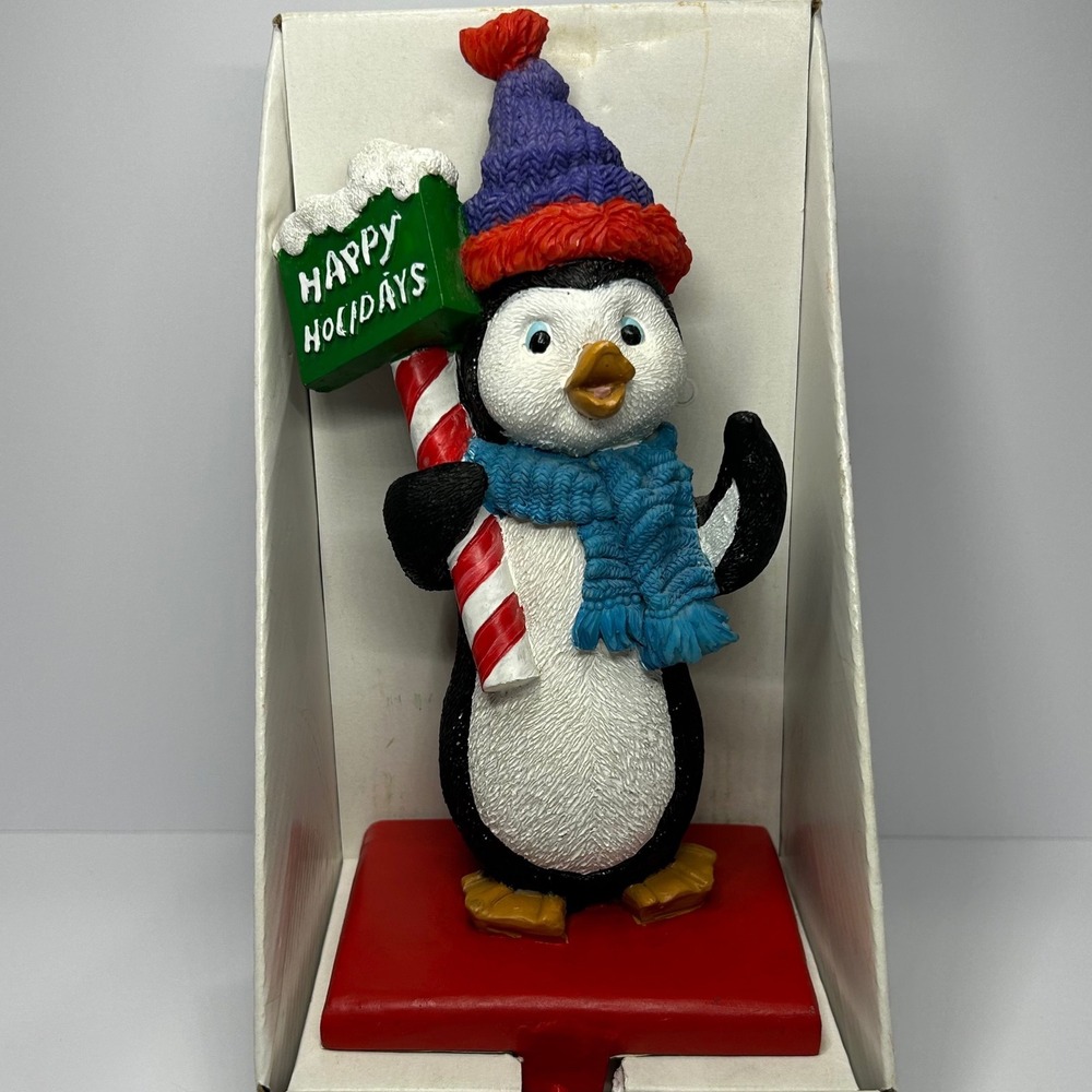 Taimy Penguin Christmas Stocking Holder Happy Holidays Resin Figurine Mantel